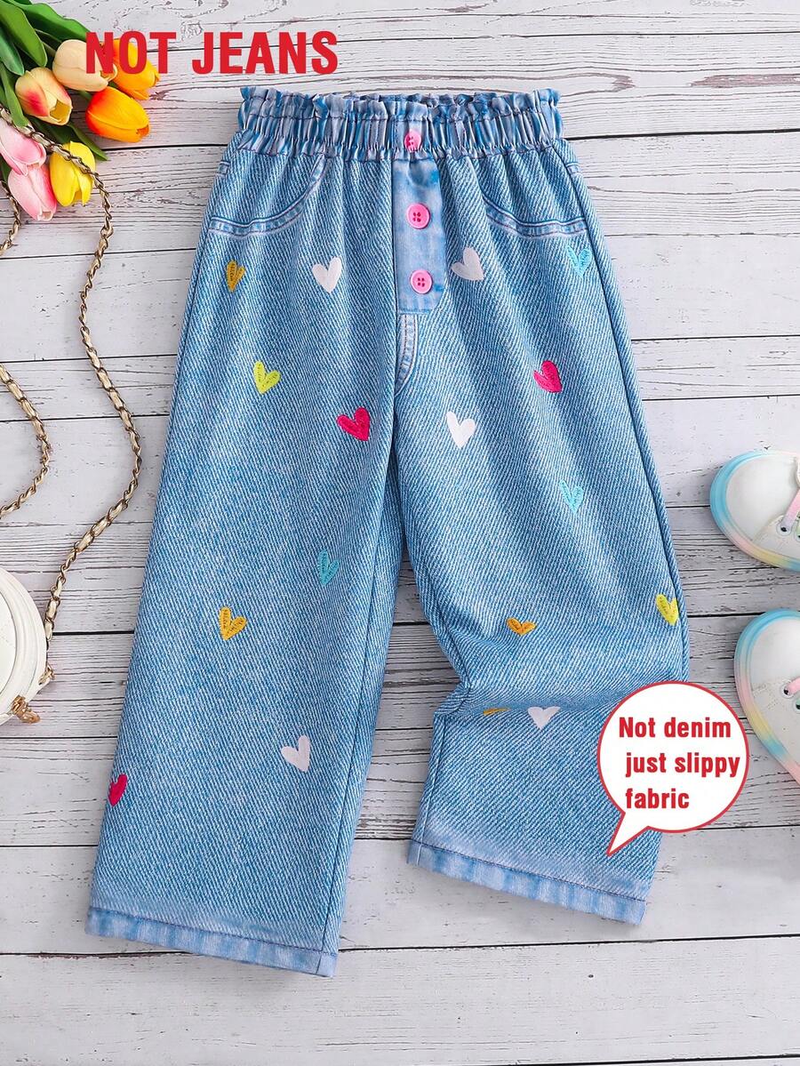 Girls' Summer Heart All-Over Denim Print Elastic Waist Wide Leg Pants, Retro Casual All-Match Trousers - Light Wash - View 1