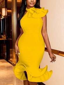 AOMEI Women's Fashionable Summer Yellow One-Shoulder Dress, Asymmetric Ruffle Sleeve Fitted Mermaid Dress, Suitable For Formal Occasions And Cocktail Parties - Mustard Yellow - View 7
