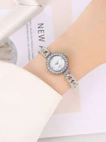 Jam Tangan Quartz Elegan Wanita, Jam Tangan Mewah Niche dengan Gelang yang Dapat Diatur dan Hiasan Berlian Imitasi Bulat - Satu-Ukuran - View 6