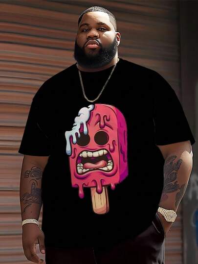 男士大码休闲圆领T恤，涤纶针织面料，舒适透气，时尚休闲卡通系列“融化的冰淇淋”图案印花，街头潮流新颖设计，趣味上衣