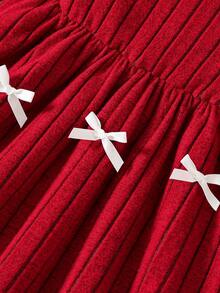 Young Girl' Fashion Casual Cute Set, Knitted Bow Jacket + Knitted Bow Strap Dress - Red - View 7