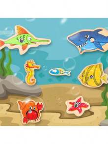 1 Set de Juguete de Pesca de Letras de Madera - Juego Educativo con Tema de Vida Marina de Dibujos Animados, Cultivar Habilidades Cognitivas, Juego Interactivo Padres-Hijos, Adecuado para Regalos de Navidad, Acción de Gracias, Pascua, Cumpleaños, Patrones de Peces Aleatorios - Multicolor - Ver 3