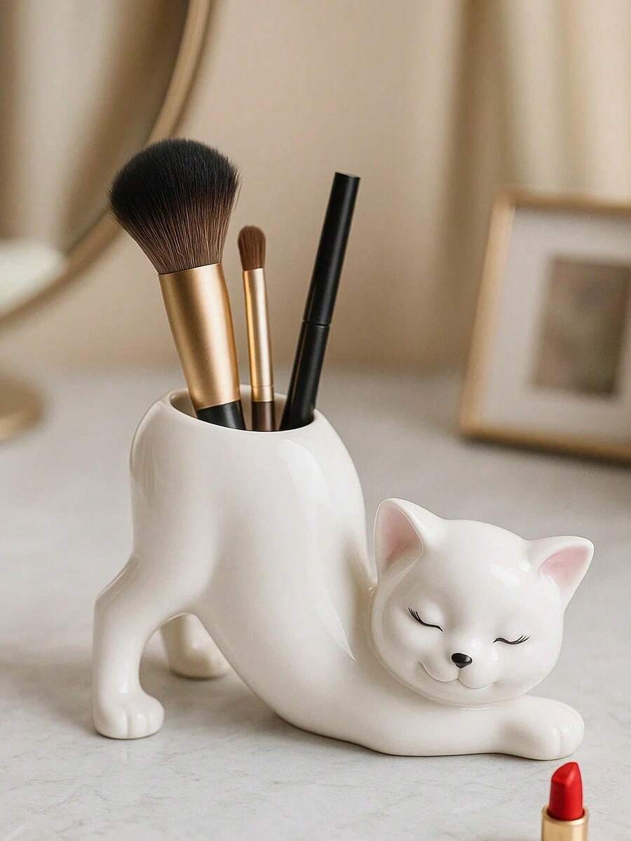 Expandable Cat-Shaped Makeup Brush Holder, Cute Cat Vanity Organizer Box For Makeup Brushes And Beauty Tools, Decorative And Functional Storage Container, Ideal For Makeup Lovers, Women, Girls, Home Decor, Bathroom Decor, Gift Ideas, Beauty Accessories, Vanity, Cosmetic Display, Desktop Organization, Adorable Home Decor - Multicolor - View 1