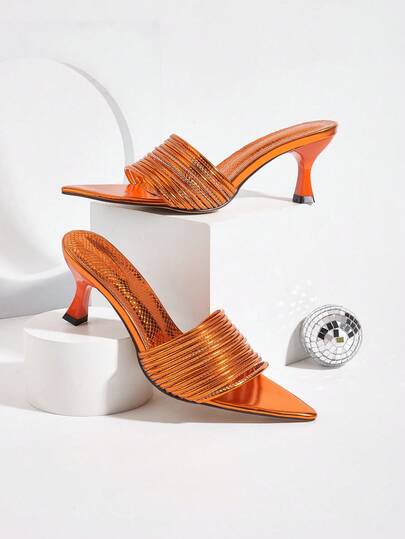 Orange Handmade Strap Decor Patchwork Embossed Material Pointed Toe Daily, Party, Formal, Versatile Fashion High Heel Sandals For Women. Strap Pattern Direction Random, Embossed Material Pattern Random