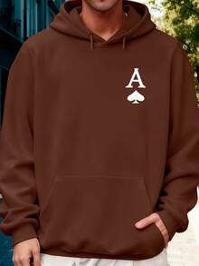 Flannel Hoodie With Playing Cards, Spade Design, Streetwear, Cotton - Rỉ Nâu - Xem 2