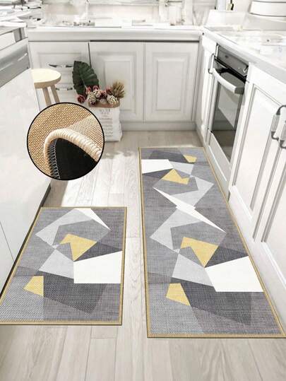 3.5毫米厚橡胶亚麻厨房地垫，几何拼接风格吸水厨房地毯，包边设计防止脱皮，吸水易清洁，亚麻表面，海绵中间层，橡胶底，适用于厨房、浴室、洗衣房、走廊、客厅等场所。