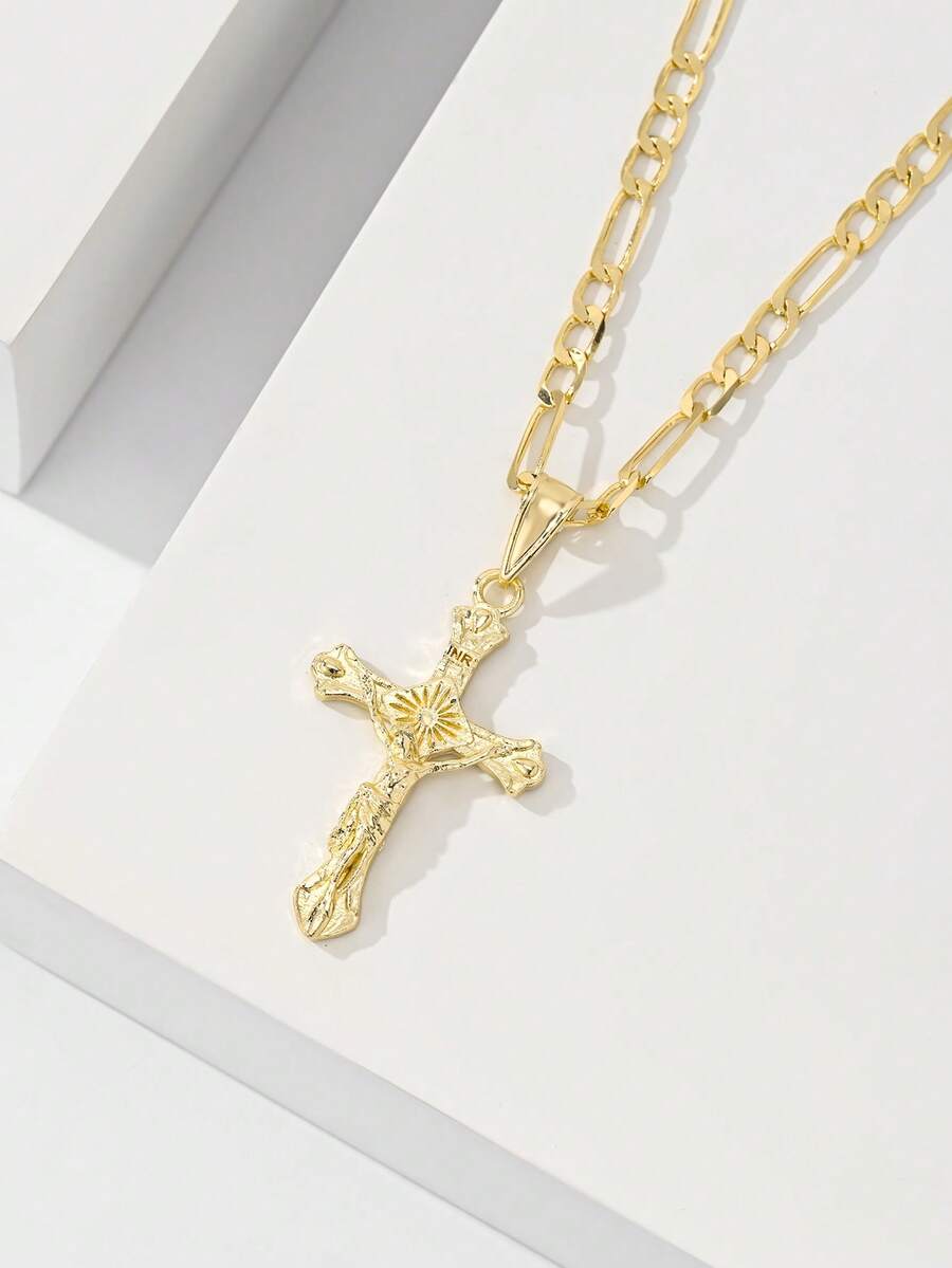 1pc Classic European Style Copper Jesus Cross Pendant Necklace, Limited Edition "Light Of Protection", Suitable As Gift For Christmas, Thanksgiving, Halloween, Mother's Day, Valentine's Day, Friends, Believers, First Holy Communion, Daily Wear And Prayer - Yellow Gold - View 1