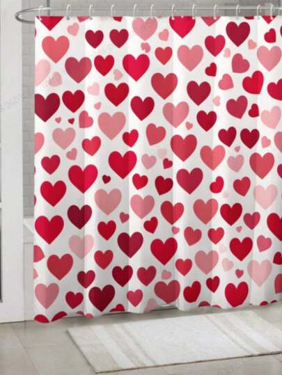 1pc Heart Shaped Print Shower Curtain, Waterproof Polyester Fabric, With Hooks, Machine Washable, Artistic Theme, Bathroom Decor All Seasons, 71x71 Inches