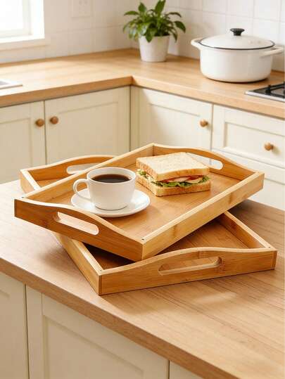 One Multi-Size Bamboo Tray With Handles, Bamboo Breakfast Tray, Wooden Fruit Plate, Home, Hotel, Restaurant Tea Tray, Christmas And Halloween Decorative Bread And Barbecue Tray. Suitable For Dining, Working, And Storage, It Can Be Used In Bedrooms, Kitchens, Living Rooms, Bathrooms, And Outdoors.