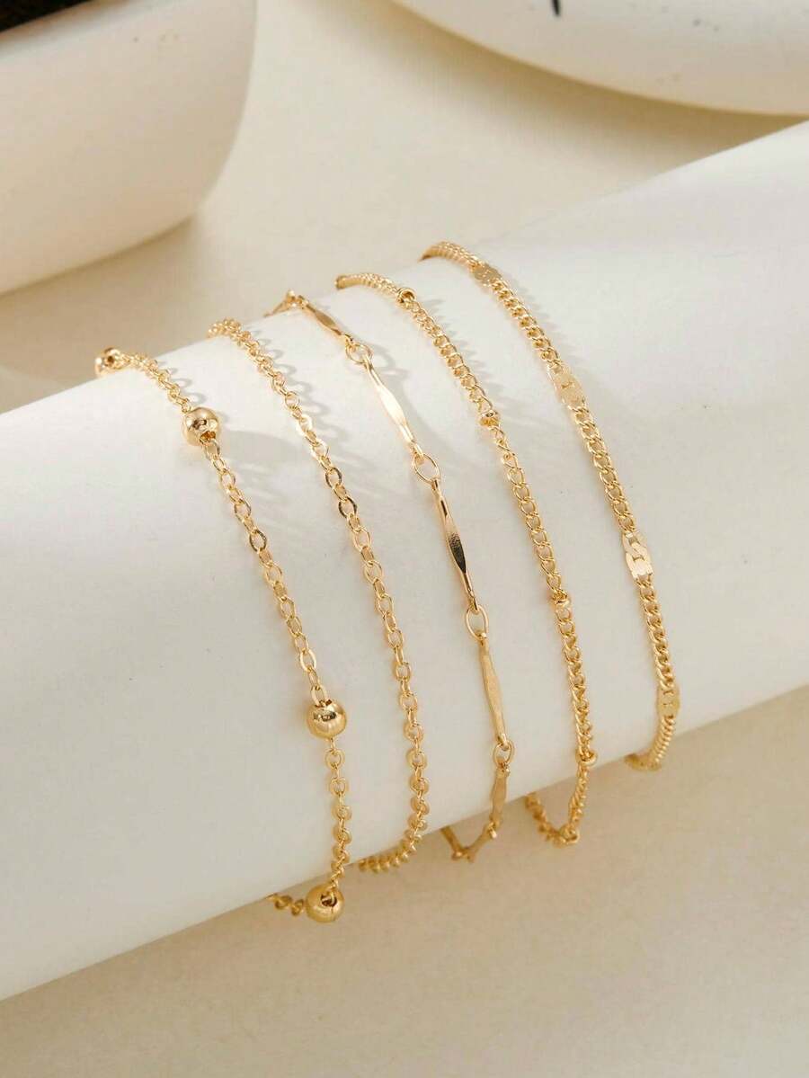 5pcs Minimalist Beaded Chain Anklets For Women - Gold - View 1