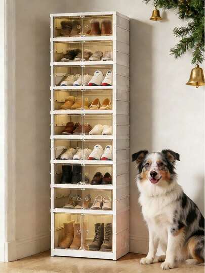 9-Tier Foldable Shoe Rack Storage Cabinet Suitable For Wardrobe Entrance, Large Foldable Shoe Storage Box With Magnetic Door (White)