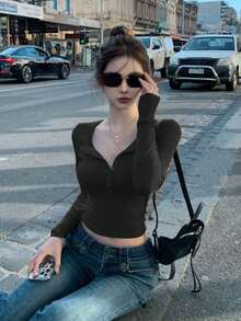 Sexy V-Neck Long Sleeve Fitted T-Shirt, Crop Top Black Spring - Black - View 4