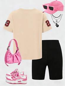 2pcs/Set Teenage Girls' 23 Slogan Print Short Sleeve T-Shirt And Cycling Shorts Set, Soft And Comfortable, Suitable For Spring/Summer, Teen Girl Outfit - Multicolor - View 4