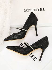 European & American Style Sexy Lace Pointed Toe Mesh Stiletto High Heel Party Shoes For Women - Black - View 5