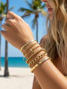 imoli 5pcs Minimalist Alloy Geometric Exaggerated Open Bangle, Round Linked Knotted Chain Bracelets Set For Women, Adjustable Size - Multicolor - View 14