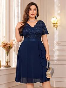 MISSMAY 优雅V领亮片蕾丝拼接雪纺荷叶边摆裙，适合鸡尾酒会、夏季、婚礼宾客等场合，也适合生日、毕业典礼、返校节等派对。 - 藏蓝色 - 查看 3