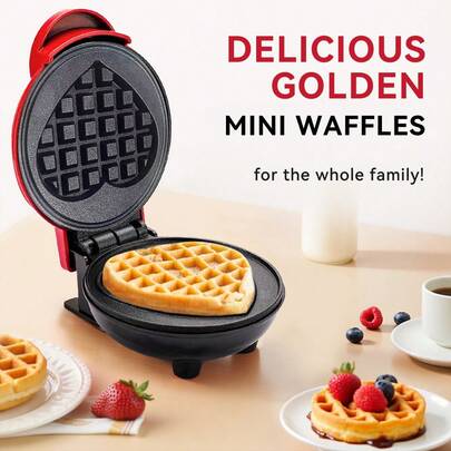 4英寸迷你华夫饼机，心形泡泡蛋饼烤箱，煮蛋器，迷你华夫饼烤盘，蛋饼烤箱，早餐华夫饼模具，适合单人份，可制作帕尼尼、薯饼和其他便携式早餐、午餐或小吃，易于清洁，不粘涂层，粉色心形图案