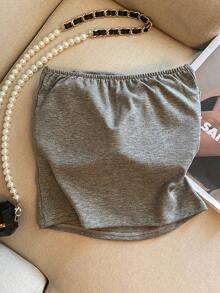 女士优雅休闲魅力性感简约清新日常通勤百搭修身褶皱抹胸上衣 夏季 - 灰色 - 查看 2