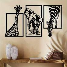 3pcs African Animal Metal Wall Decor Sculpture, 35cm/15.75in, Giraffe, Elephant, Zebra Shapes, Modern Laser Cut Metal Wall Art, Iron Painting For Indoor Outdoor Home Garden Patio Decoration, Elegant Wall Hanging, Housewarming Gift - A - View 1