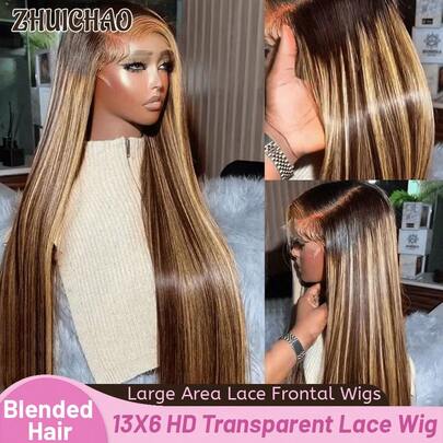 ZHUICHAO Highlight 26 Inch Straight Lace Front Wigs Human Blended Hair Wigs 180% Density Ombre Honey Gold 13X6 HD Lace Front Wigs For Women Straight Lace Frontal Wigs Natural Color