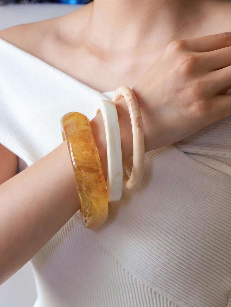 3件套几何亚克力可叠戴手镯套装，适合日常搭配 - 彩色 - 查看 1