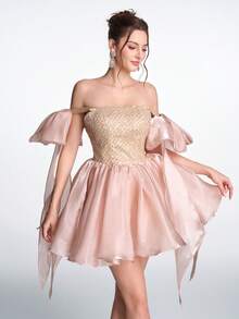 Anymoon Fairy 奢华甜美性感露背薄纱蝴蝶结立体缎面3D蕾丝串珠镂空系带后背褶皱薄纱舞会礼服，适合婚礼招待会、订婚派对、毕业舞会、公司晚宴、斋月庆祝活动 - 香檳色 - 查看 6