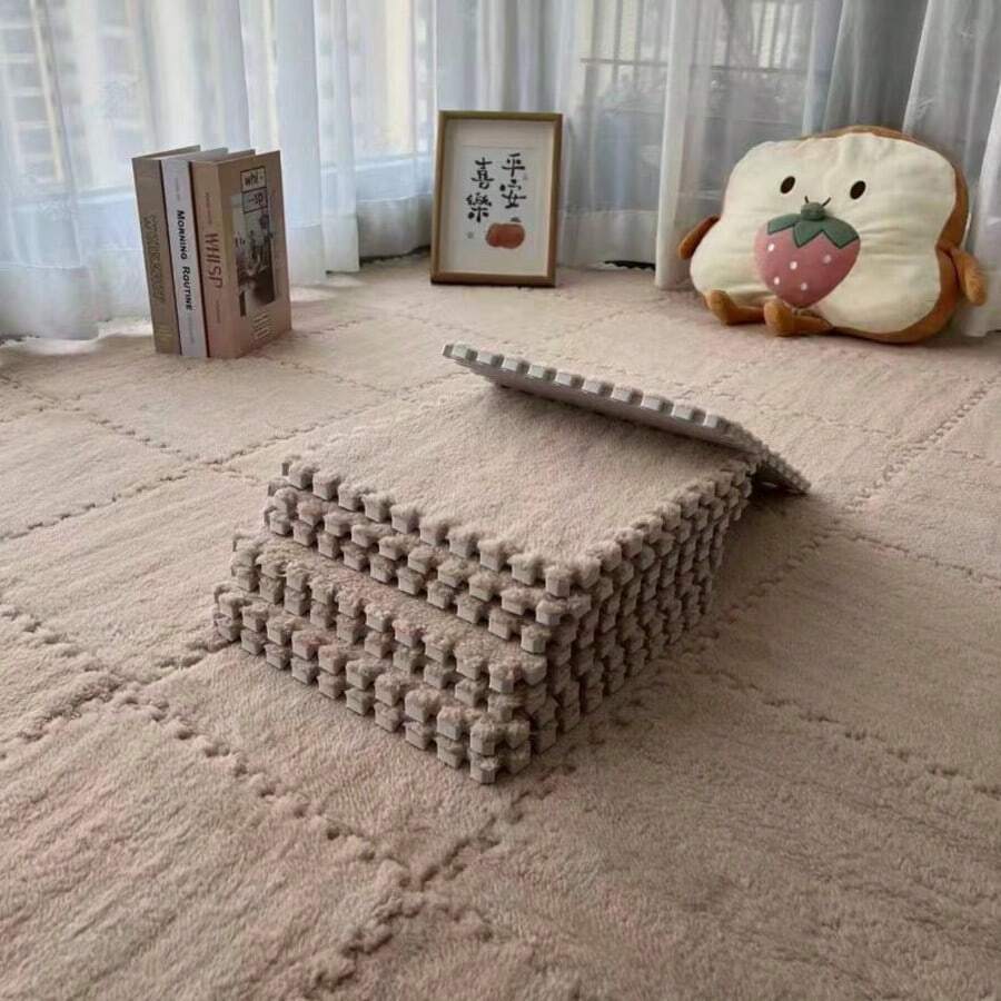 12/24PCS Interlocking Foam Floor Tiles, Available In Five Colours: White, Pink, Camel, Rose Red Or Grey - These Soft, Washable And Non-Slip EVA Floor Mats Are Suitable For Bedrooms, Living Rooms, Home Decor, Pet Areas And More. - 駝色 - 查看 1