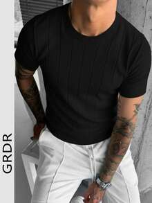GRDR 男士夏季圆领罗纹针织短袖T恤，休闲户外服装 - 黑色 - 查看 1
