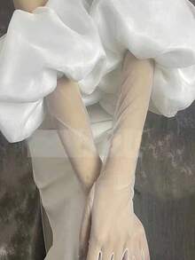 1 Set White Organza Puff Sleeve Bridal Arm Sleeves + Gloves - Multicolor - View 7