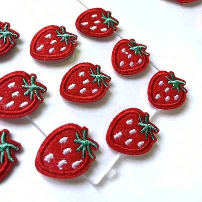 10pcs Red Strawberry Shaped Fabric Patch Stickers With Adhesive Back