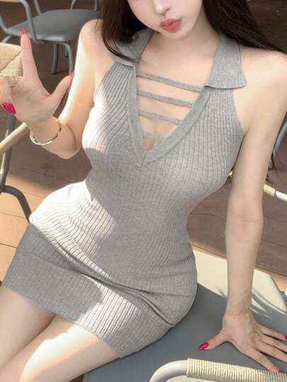 Sexy Bodycon Knit Mini Dress, Waist-Cinching, Sleeveless, Unique Design, New For Spring/Summer