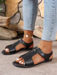 1 Pair PU Leather Zipper Beach Sandals, Outdoor Summer - Black - View 7