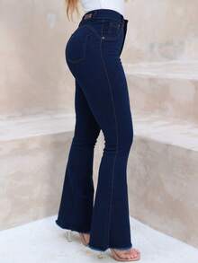 Women's Flare Jeans, High Waist, Country Style, Bell Bottom, Wide Leg, Lifts And Enhances The Butt, Lycra, Elastane - Rửa tối - Xem 4