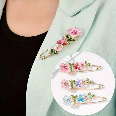 Bohemiska blommiga säkerhetsnålar med strass – gyllene ton med rosa och gröna emaljblommor, glittrande ädelstensdetaljer, elegant modeaccessoar för halsdukar, skjortor, jackor, halkfri krage, smycken för hela året för vardagsbruk och fester, halsduksdekoration med lyxiga nålar med skimrande strass