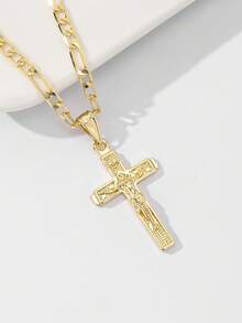 1件经典欧美风格铜质耶稣十字架吊坠项链，限量版，带护身符，适合圣诞节/感恩节/万圣节/母亲节/情人节送给情侣/朋友/信徒，天主教初领圣体礼物，日常及节日佩戴祈祷。 - 金黃色 - 查看 3