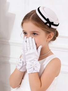 2 Pcs Girls' White Satin Gloves & Pillbox Hat Set With Bowknot, Elegant Tea Party/Wedding/Communion Accessories - Hats and Gloves - View 5