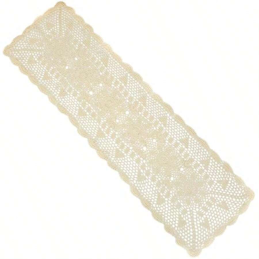Kilofly Handmade Crochet Lace Rectangular Table Runner 15 X 51 Inch Beige - Beige - View 1