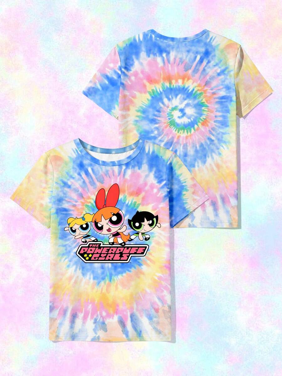 SHEIN X Powerpuff Girls Women's Multicolor Round Neck Top - Comfortable & Cute Casual Style, Suitable For Daily Wear - Multicolor - View 1