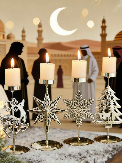 这款金色复古风格锻铁高烛台采用3D立体设计，饰有星形和八角星图案。它是一款节日家居装饰品，适用于家居装饰、餐桌摆设和派对场合。其简约时尚的设计营造出浓厚的节日氛围，使其成为情人节或新年礼物的完美之选。