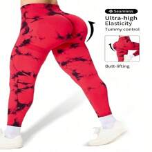 Conjunto deportivo de mujer talla grande 2 piezas: Leggings sin costuras de punto con estampado de mármol rojo y sujetador deportivo de espalda cruzada color burdeos, elástico, compresión, amigable con la piel, perfecto para entrenamiento y uso diario - Borgoña+Rojo - Ver 6