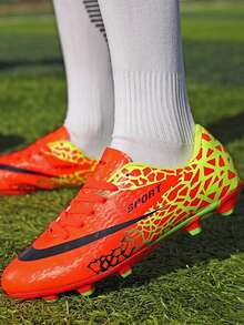 四季皆宜的运动比赛足球鞋，校园风足球鞋，足球训练鞋，比赛鞋，长钉防滑，不对称迷彩图案鞋面 - 橘色 - 查看 7