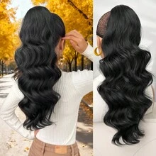 Ponytail Extension Drawstring Clip Style Wig, Black Brown Burgundy 22 Inch Long Wave Synthetic Heat-Resistant Fiber Synthetic Wig, Suitable For Women's Parties And Daily Use - Two-Tone - View 11