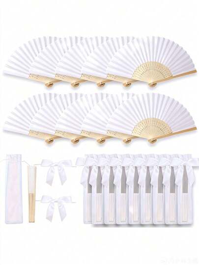 3/15/30pcs White Paper Fans, White Bamboo Folding Handheld Fans, Paper Folding Fans For Summer, White/Green Series, Wedding Favors, Green Bow Fans, Transparent Storage Bags, Suitable For Bridal Shower, Birthday Party, Bridesmaid Photos