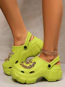 Women's Fashion New Golden Bear Chain Decor Peep Toe High Heels, Free DIY Detachable Accessory Pack Included (Accessory Pack Not Eligible For Quality After-), Suitable For Banquet, Ball, Party, Work, Daily Activities, Outdoor, Casual, Personalized High Heels, Peep Toe, Slippers, Sandals - Grass Green - View 6