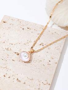 1pc Fashionable Minimalist Elegant Shell & Faux Pearl Pendant Necklace, Suitable For Women To Wear In Summer Beach, Dates, Parties, Daily, A Great Gift - Yellow Gold - View 3