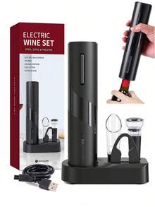 5-In-1 Electric Wine Bottle Opener Set, Rechargeable Cordless Corkscrew With Charging Base, Foil Cutter, Aerator Pourer, Wine Stopper - Black - View 1