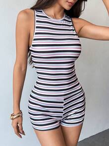 VIVINA 女士夏季休闲条纹修身背心短裤两件套，适合海滩度假、日常出行、休闲运动、朋友聚会、居家穿着等场合，粉色 - 粉色 - 查看 5