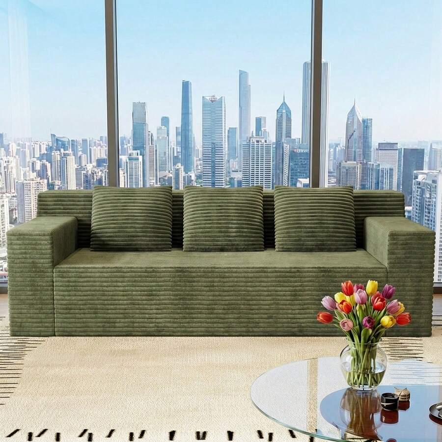 71 Inch 3-Seater Sofa, Corduroy Fabric Modular Sectional Sofa, Deep Seat Couch No Assembly Required For Living Room, Bedroom, And Apartment - 綠色 - 查看 1