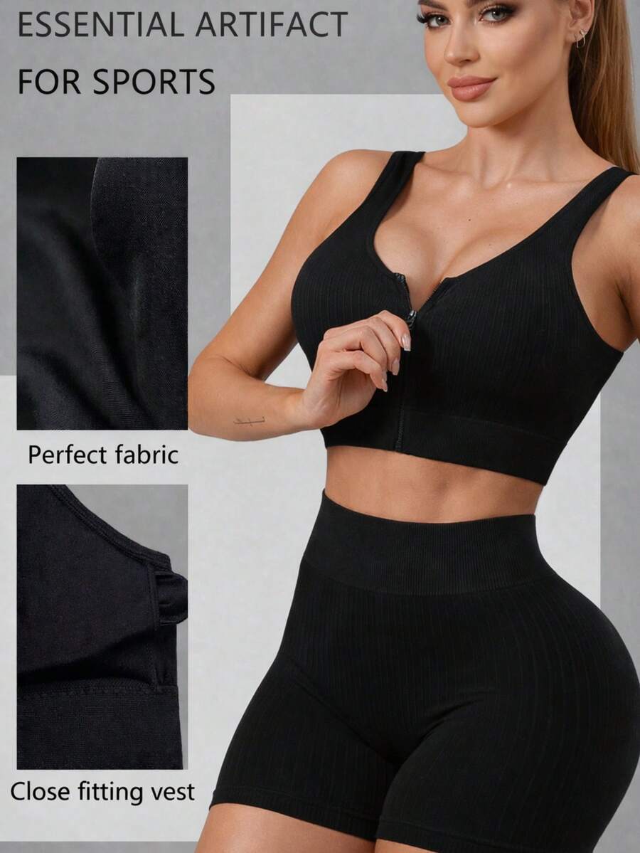 1 Set Spring/Summer New Camisole Set, 2-In-1 With Cup Holder, Zipper Design, Casual Layering Or Outerwear, Slim Fit, Waist Cinching, Butt Lifting, Versatile Yoga/Casual Outfit - Black - View 1
