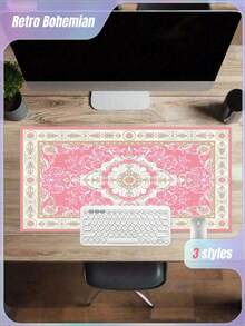 Vintage Bohemian Style Mouse Pad, Luxury Red Desktop Accessory, Extra Large Gaming Mouse Pad, Non-Slip Rubber Base, Computer Mouse Pad, Keyboard Pad, Great Gift, Desktop Accessory, Office Supplies, Office Desk Accessory, Mouse Pad, Desktop Mouse Pad - Pink - View 1